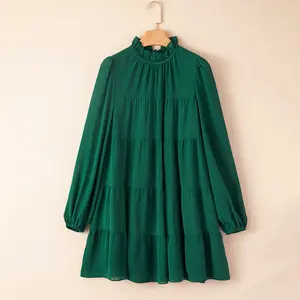Green Puff Sleeve Mock Neck Back Knot Tiered Dress Casual Elegant Womenswear Chic