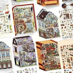 A set of retro architectural sticker boxes for DIY projects, featuring 3D house scene assembly boxes, European retro architectural style, colorful town house patterns, perfect for birthday and holiday gifts, and ideal for home craft projects.