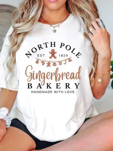 100% Cotton Unisex Vintage Retro North Pole Gingerbread Bakery Youth Kids Women T-Shirt -Autumn Women's T-shirt Christmas Happy Letter Snowflake Fun Pattern