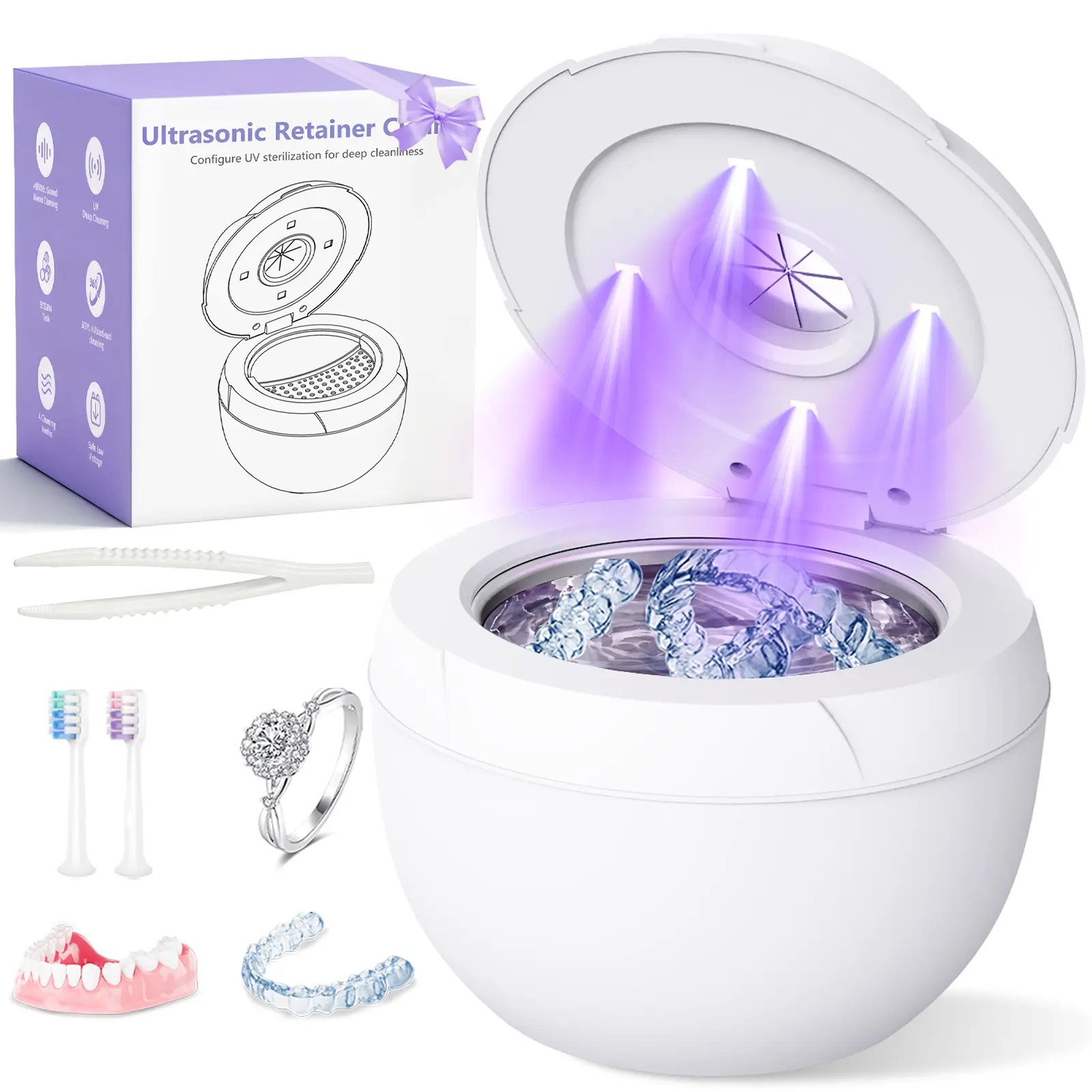 Buwheekoki Ultrasonic Retainer Cleaner Machine - 45kHz Cleaning Pod for Dentures, Mouth Guard, Aligner, Night Guard, Toothbrush Heads & Jewelry, 4 Cleaning Modes, Digital Timer, 200ML Capacity, White