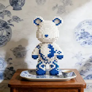 Blue-And- Porcelain Bear 3D Puzzle Building Blocks Decoration, Bookshelf Home Office Cabinet Decor, Party Living Room TV Stand Display