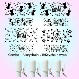 8 Pcs Cat Theme DIY Handmade Set, 4 Keychains Mini Cups + 4 UV DTF Stickers, Craft Accessories for Bag Decoration, Holiday Gifts, Keychain For Bags, Bag Charms