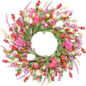 Spring Summer Wreath for Front Door 22 Inch Artificial Colorful Flower Wreath with Colorful Tulips Greenery Leaves Lavender for All Seasons Home Farmhouse Indoor Outdoor Wall Decor (Mixed)
