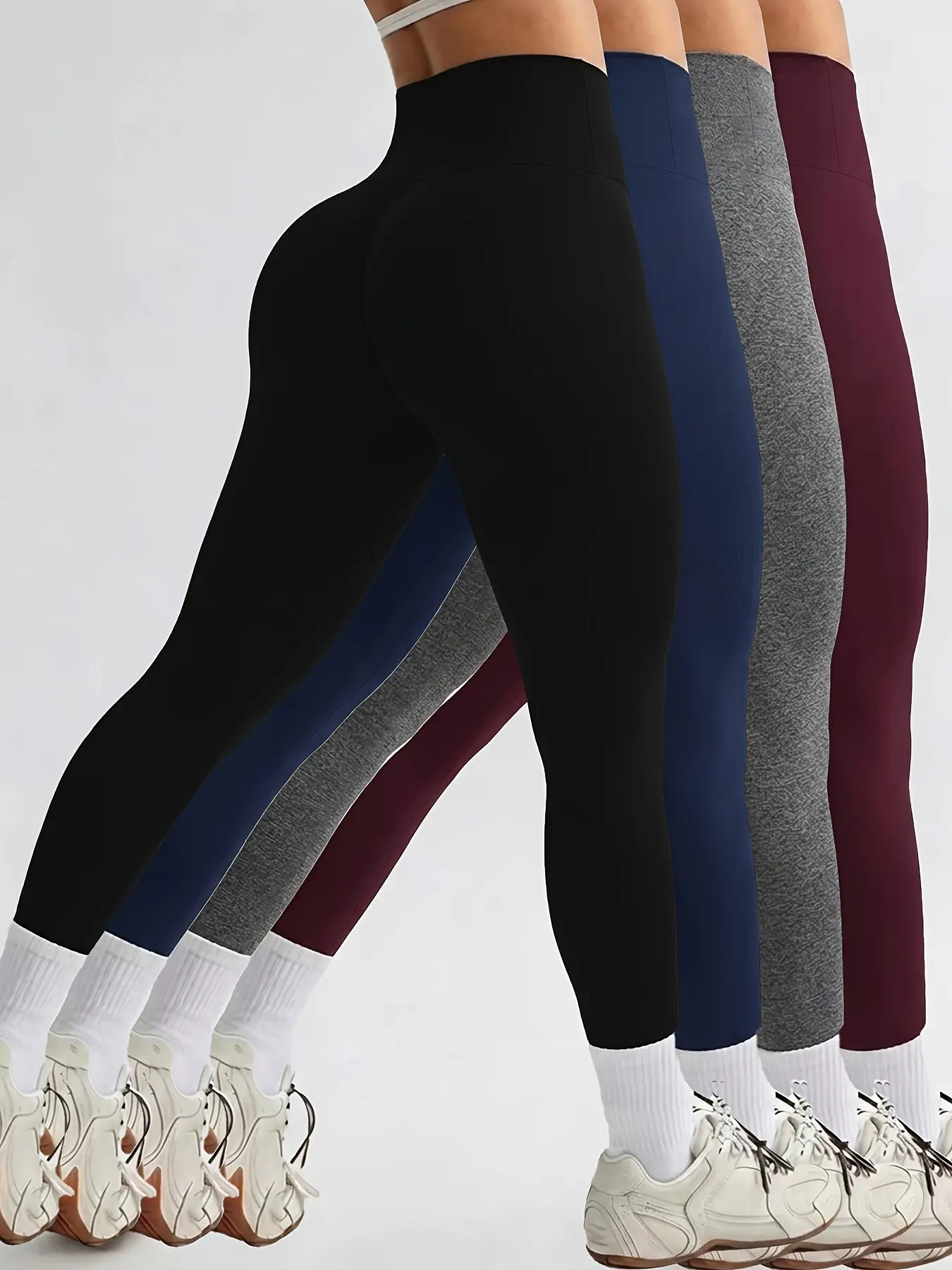 Women's Plus Size High Waist Sports Leggings, Sporty Chic, 2XL, 4pcs (Black, Gray, Red, Navy), All Seasons, Breathable Bottoms, Women's Clothes, Black Leggings Women