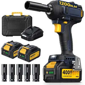 Cordless  Wrench, 900Ft-lbs (1200N.m) 1/2" Brushless  , 21V High Torque   with 2x4.0Ah , 4 Variable Speeds, 5 Sockets,  Driver for /Pickup/Mower