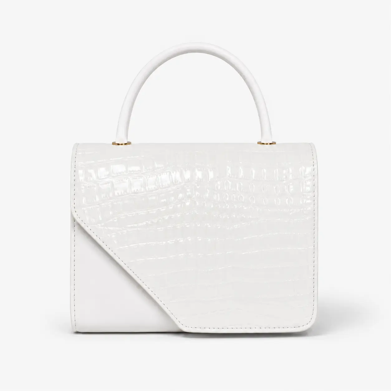 Women’s Pearl White Croc-Embossed Top Handle Handbag - Structured Asymmetric Flap Faux PU Leather Satchel, Elegant Statement Bag for Work & Weddings, Classic Handheld Purse, Croc Embossing, Structured Satchel, Pearl White Croc Panel