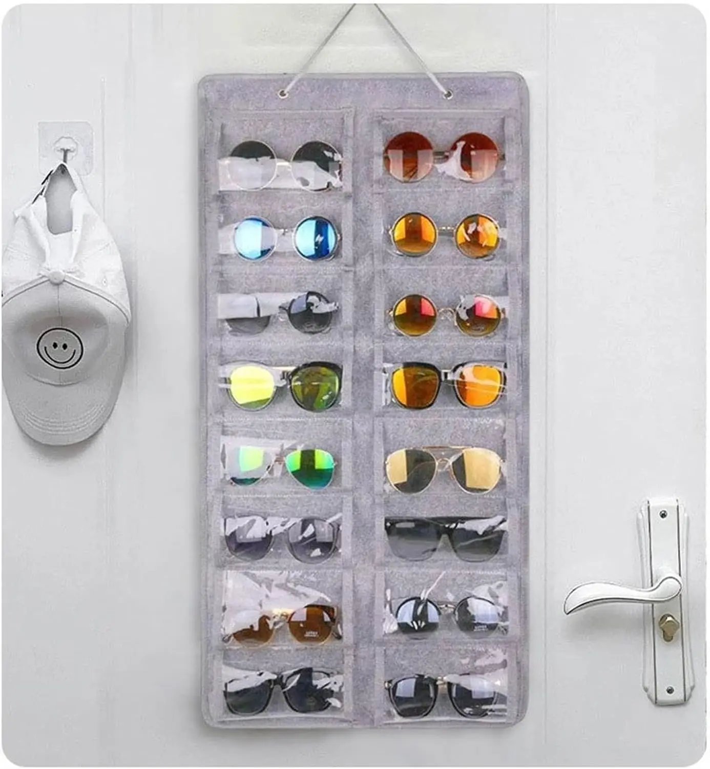 Sunglasses Organizer Storage, Hanging Dust Proof Wall Pocket Glasses Organizer - 16 Felt Slots Sunglass Organizers Holder with Metal Hook and Sturdy Rope