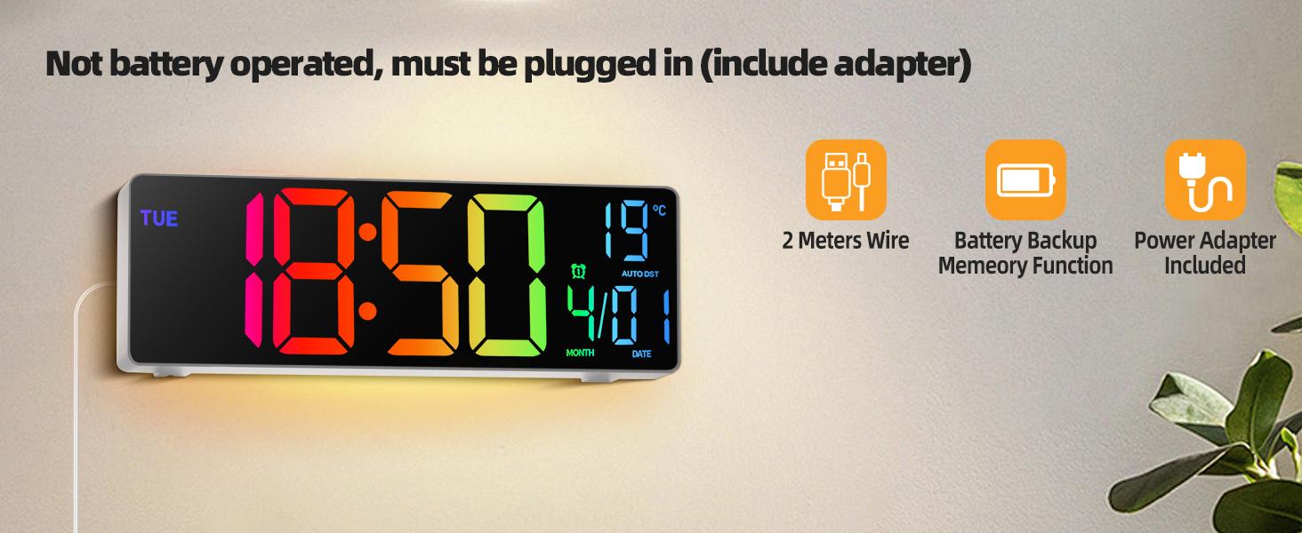 10.1" LED Digital Alarm Clock with RGB Display, Date and Temperature, Countdown Timer, Auto Dimming Wall Clock for Bedroom Living Room Office  Decor