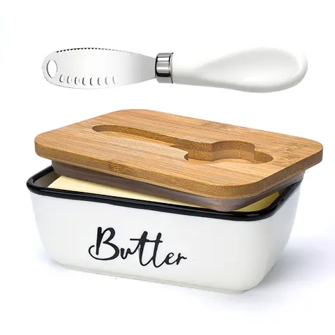 Oversized Luxury Ceramic Butter Dish with Lid, Stainless Steel Knife - Flip-Top Countertop Keeper, Double Silicone Seal, Easy-Clean Design - Ideal Kitchen Gift for Butter Lovers, White Wooden Kitchenware,dorm room inspo,college dorm essentials,dorm haul