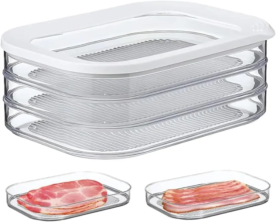 Deli Meat Container For Fridge,Bacon Lunch Meat Container For Refrigerator Stackable 3 Layers Food Storage Boxes With Lid For ColdCuts, Salami, Deli, Meal Prep Containers,18.60z,3Pack