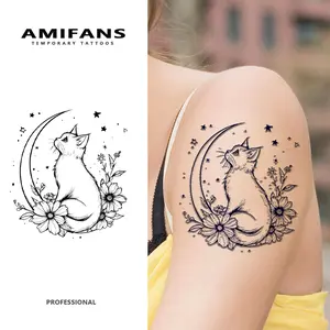 AMIFANS Temporary Tattoo Celestial Moon Cat with Flowers, Semi Permanent Tattoo,Lasting 1-2 Weeks Tattoo, Long Lasting Tattoo, Juice Tattoo, Realistic Tattoo, Romantic Tattoo, Fake Tattoo, Waterproof, Authentic Tattoo Look, Niche Design Tattoo