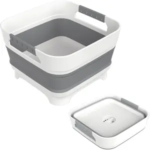 2.4 Gal Collapsbile Wash Basin with Drian Plug,9L Dish Pan for Soaking Baby Bottles,Portable Sink, Multiuse Foldable Bucket,Ice Beverage Tubs for Camping, Vegetable Washing, RV (Gray)