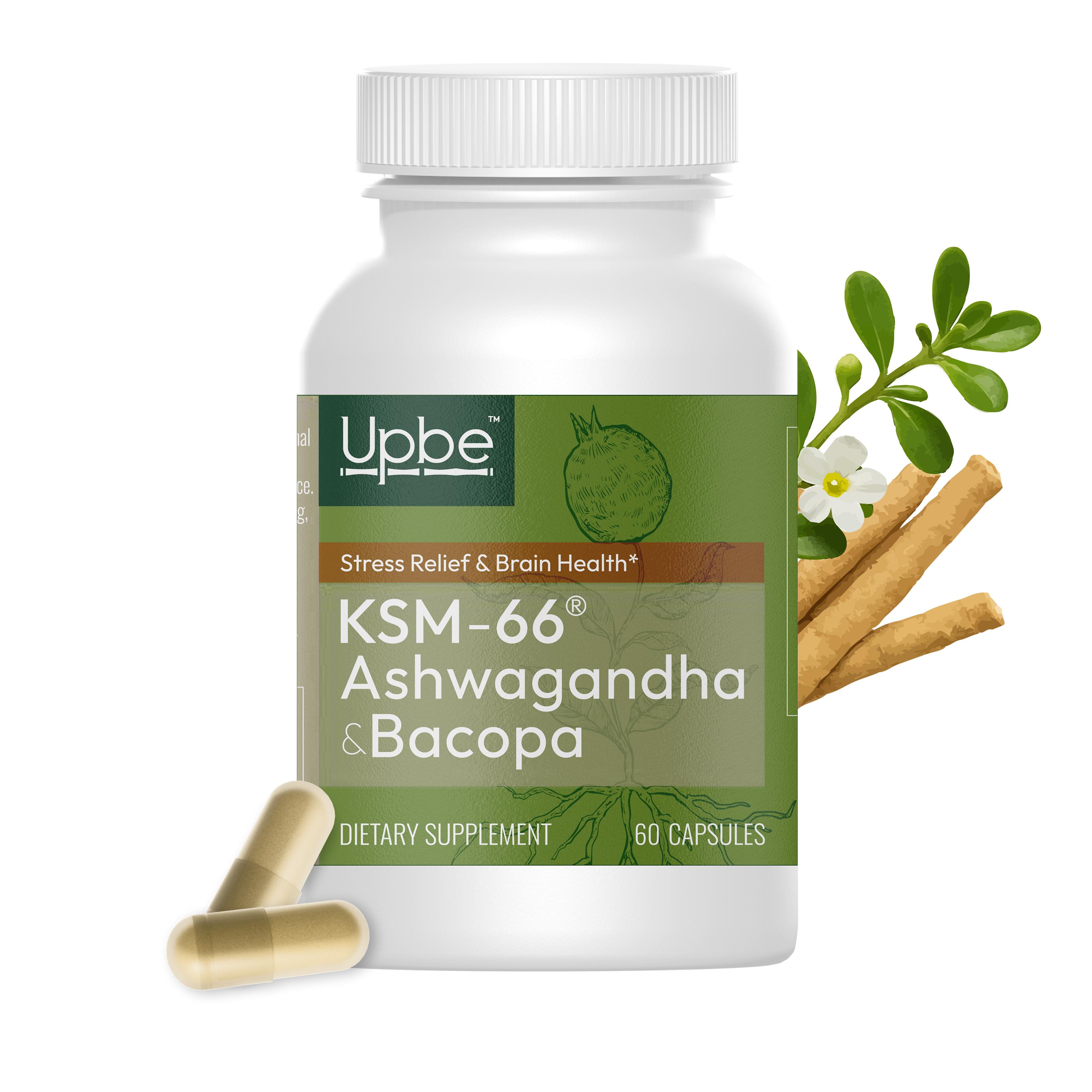 Upbe Ashwagandha & Bacopa for Stress, Focus & Hormonal Health – Testosterone, Prostate & Libido Support for Men – PMS & Menopause Relief for Women – 60 Vegan Capsules