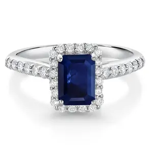 Gem Stone King 10K White Gold Blue Sapphire and White Lab Grown Diamond Halo Engagement Wedding Ring For Women | 1.90 Cttw ֿ| Emerald Cut 7X5MM | Wedding Anniversary Promise Ring For Women
