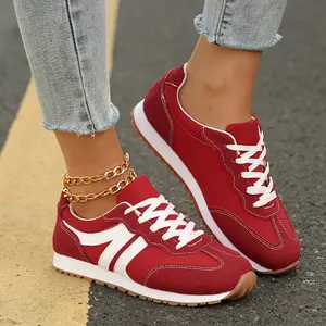 Women's Casual Fashion Sneakers - Red Solid Color Low Top Lace-up Shoes with Round Toe, Fabric Upper & Lining, Rubber Sole - Hand Washable All-Season Footwear