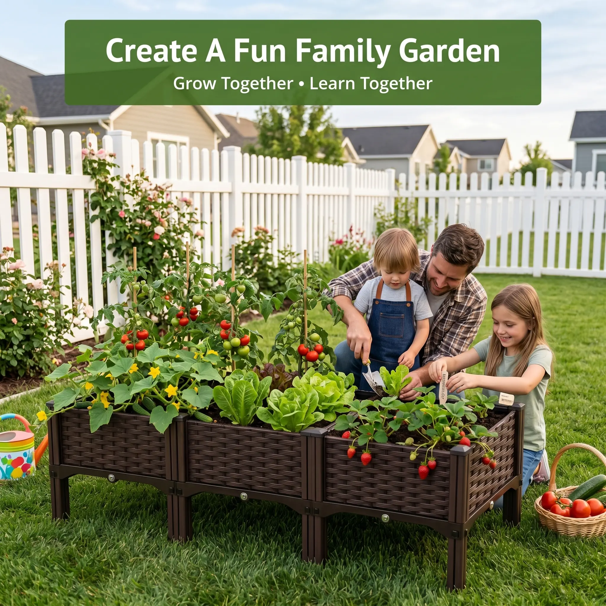 47" Vintage Wicker-Look Plastic Raised Garden Bed, No-Bend Standing Planter Box with Drainage Holes, Easy-Assembly Outdoor Garden Accessory for Backyard Patio Vegetables, Herbs (Raised Flower Beds for Outdoor Plants), Planters For Outdoor Plants, Plastic
