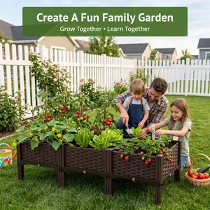 47" Vintage Wicker-Look Plastic Raised Garden Bed, No-Bend Standing Planter Box with Drainage Holes, Easy-Assembly Outdoor Garden Accessory for Backyard Patio Vegetables, Herbs (Raised Flower Beds for Outdoor Plants), Planters For Outdoor Plants, Plastic