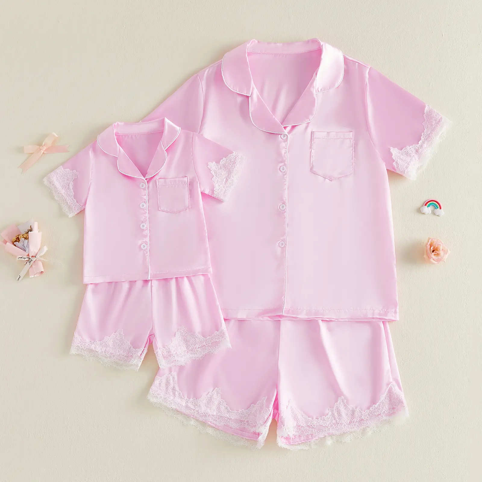 [Lullaby] Mommy Daughter Matching Pajamas Elegant Lace Patchwork Short Sleeve Satin Tops with Shorts 2Pcs Sleepwear