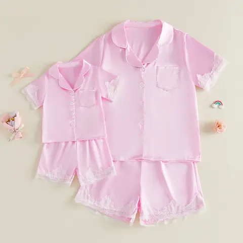 Mommy & Daughter Cute 2-Pcs Polyester Matching Pajama Set for Women & Babies, Elegant Lace Patchwork Shortsleeve Satin Tops with Pants, Baby Maternity Sleepwear Clothes Loungewear