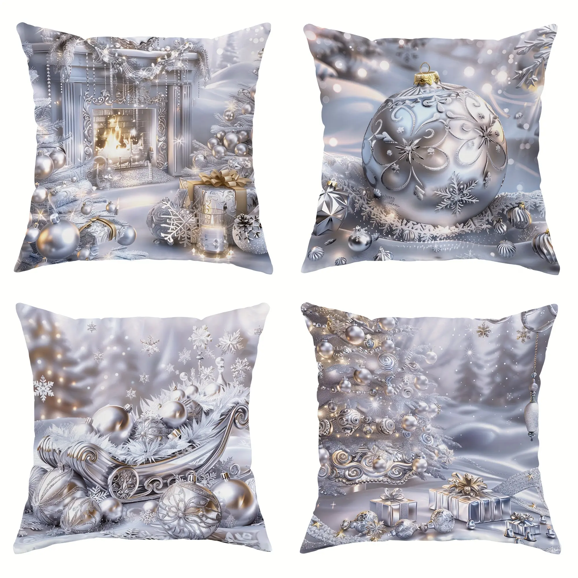 4pcs, Christmas Silver Themed Throw Pillow Covers, Contemporary Style, Home Décor Products, Cushion Cover Decoration for Couch Sofa, Room Decor and Bedroom Decor, Single Sided Printing, No Pillow Core