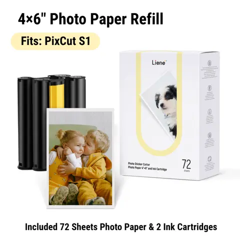 Liene PixCut S1 4x6 in/4x6" Dye Sublimation Photo Paper & Refill Pack - 2 Ink Cartridges, 72 Sheets Glossy Paper, High-Res Print, Waterproof, Oxidation-Proof, Printer for Home Accessories Included, Compatible with PixCut S1, Ideal for Personal Use