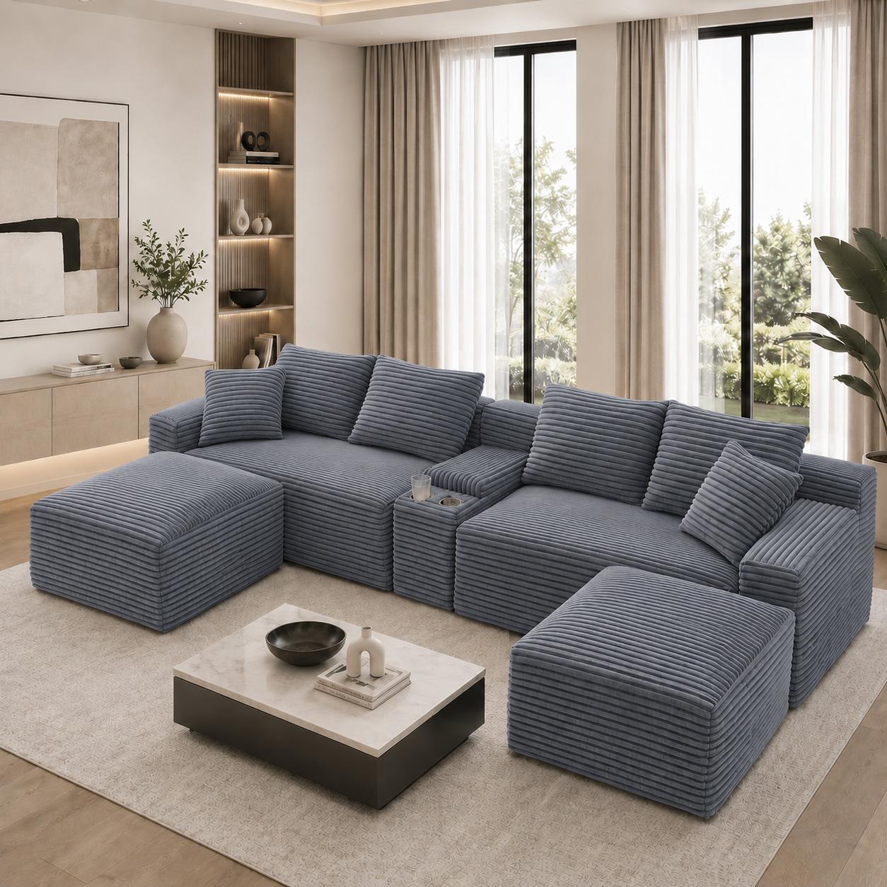 127-Inch Curved Corduroy Modular Cloud Sectional Boneless Couch (Compressed), 3-Package Shipping, No Assembly, Black Living Room Multiple-Seat Sofa with Cup Holders, USB Ports & 2 Free Ottomans, Boneless Couches, Sectional Couch
