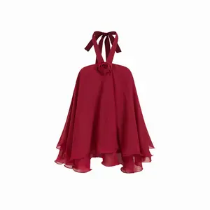 Cider Chiffon Halter Neck Rose Detail Ruffle Hem Oversized Blouse