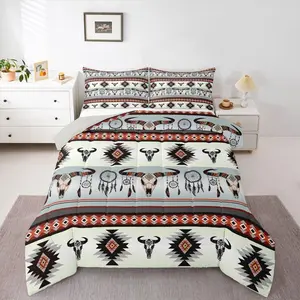 Western Decor Bedding Set Bull Skull Comforter Set for Kids Boys Girls Teens Cowboy Bedroom Decor Southwestern Aztec Down Comforter Boho Feather Native Tribal Quilt Set Duvet Insert