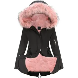 Zip Up Furry Hoodie Parka, Casual Warm Long Sleeve Drawstring Waist Faux Fur Lined Warm Fall/Winter Jacket, Women's