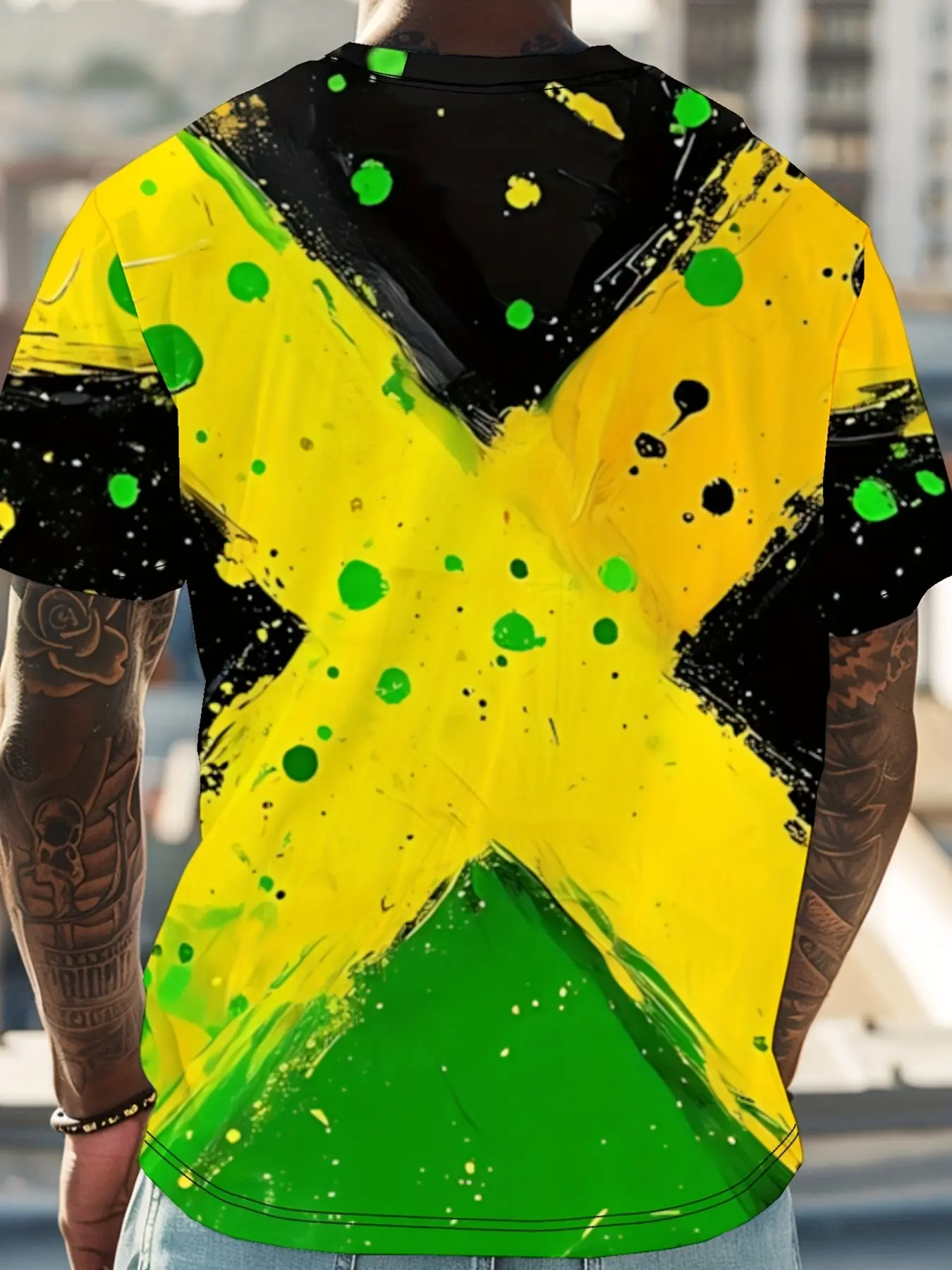 Men's Jamaica Digital Graphic Print Long Fitted T-Shirt, Fresh Design, Summer Casual Round Neck Short Sleeve, Breathable Comfort Fit, Streetwear, Menswear, Clothes