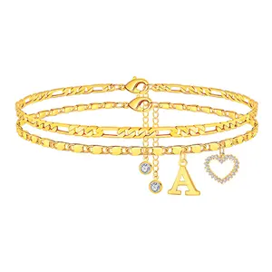 Double-Layer 26-Letter Gold Chain Heart-Shaped Anklet with a heart-shaped pendant; featuring an adjustable design, it is perfect for women.It’s a summer must-have and an ideal Valentine’s Day gift.