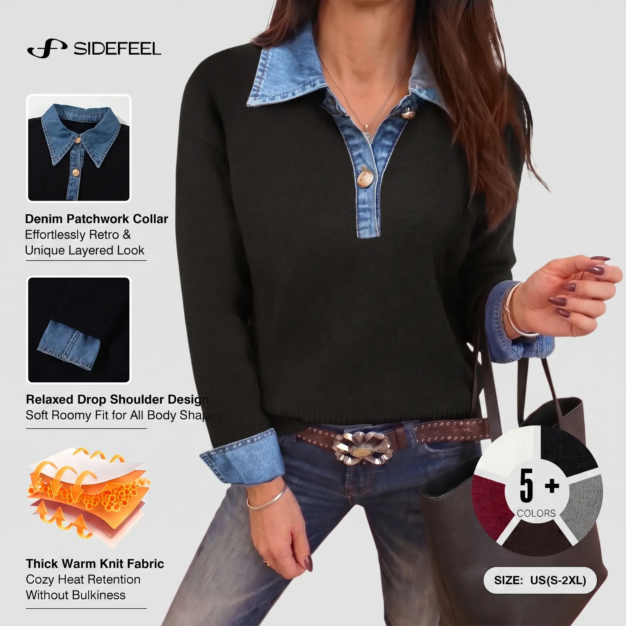 Sidefeel Women's Denim Patchwork Polo Collar Sweater | Thick Warm Knit, Retro Layered Look,Half Button, Long Sleeve, Relaxed Drop Shoulder, Fall and Winter Tops Womenswear
