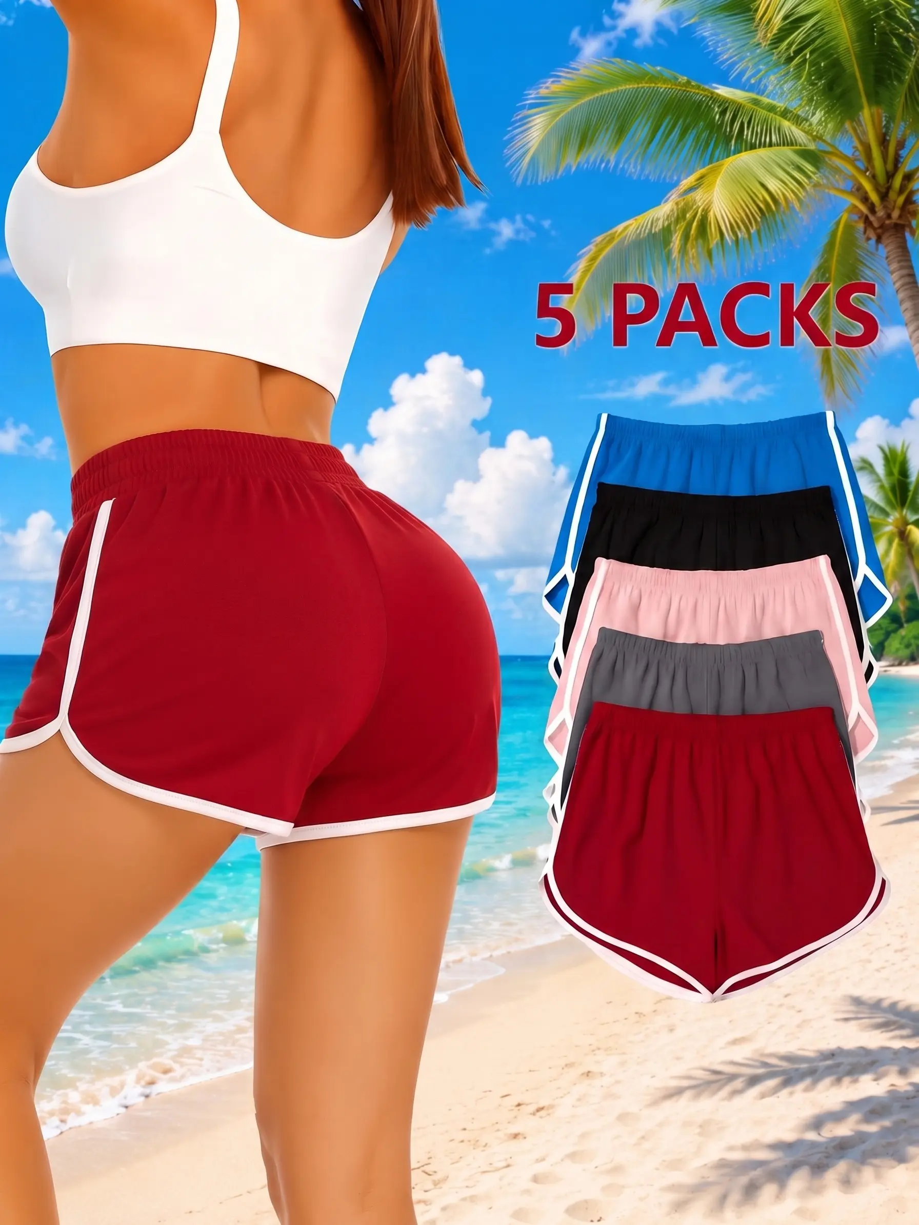 Women's 5-Piece Ultra-Comfy Athleisure Casual Shorts Set - Soft Elastic Waistline Multi-Size High Stretch Form-Fitting Better-Fitting Shorts for Workout, Yoga, Daily Wear, Multi-Size Stretch Shorts