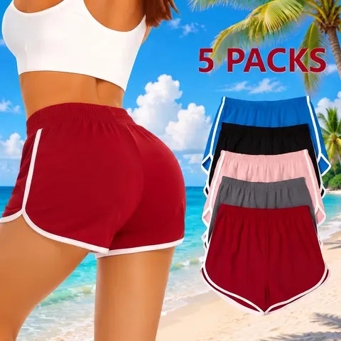 Women's 5-Pack Cotton Athleisure Shorts - Soft Elastic Waistline, Above the Knee, Fitted, High Stretch, Multicoloured for Yoga, Hiking, Daily Wear