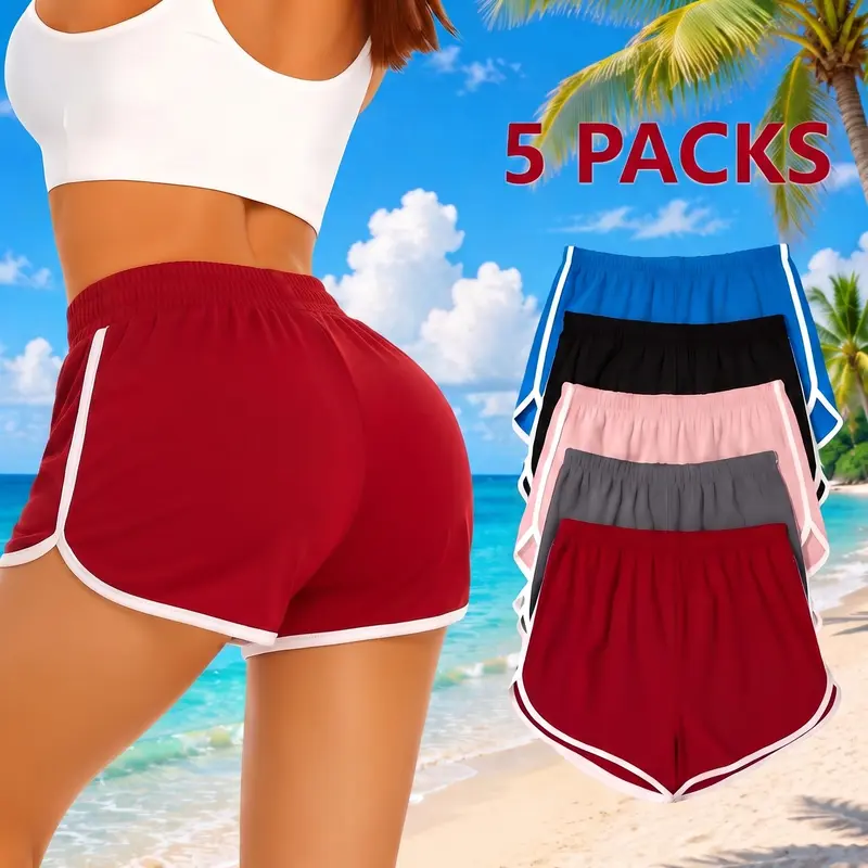Women's 5-Pack Cotton Athleisure Shorts - Soft Elastic Waistline, Above the Knee, Fitted, High Stretch, Multicoloured for Yoga, Hiking, Daily Wear