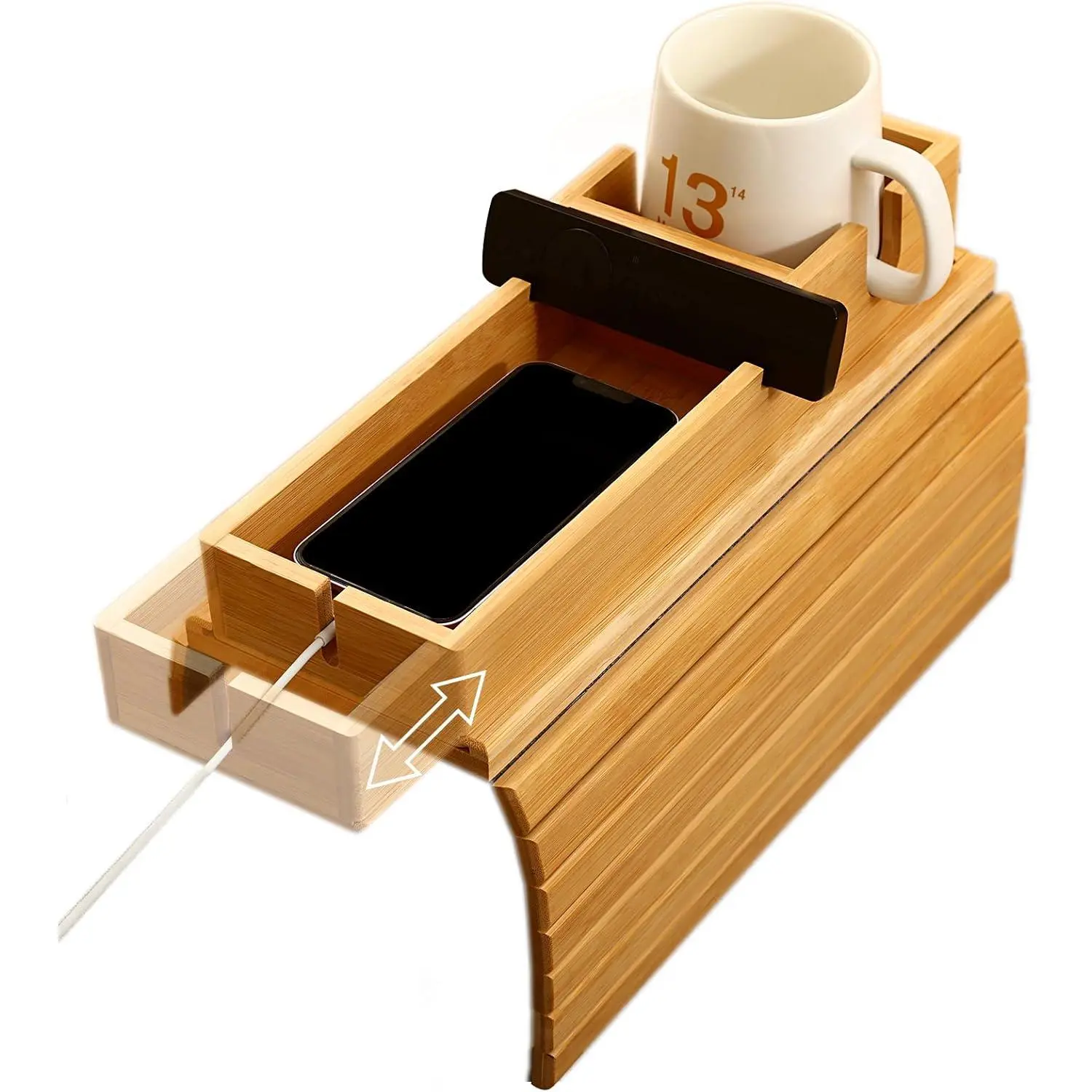 Unisex Bamboo Couch Arm Tray - Detachable Cup Holder, 2-in-1 Foldable Design for Cups, Snacks, Remote, Cellphone