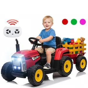 Kids Ride on Tractor with Trailer and 25W Dual Motors, 12V Battery Powered Electric Kids Car Vehicle Toys with Remote, 3-Gear-Shift, Music, LED Lights,USB, Power Wheels for Boys Green/Red/Pink