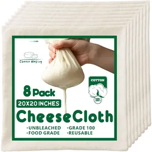 8 count Grade 100 Cheese Cloths 20x20 Inch,  Unbleached  Butter Muslin, Finished Edge,  Pre-Washed for Straining & Cooking