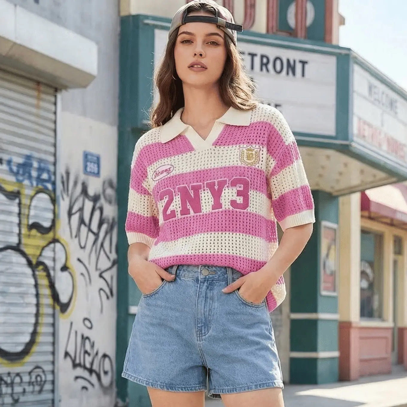 Vintage Knitted Polo Shirt for Men, Baggy Pink Streetwear Top with Letter Embroidery, Casual Short Sleeve, Menswear, Style, Piece, Clothes, Figure, Everyday, Loose