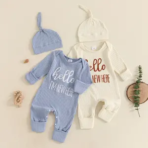Hello I'm New Here Newborn Baby Boy Long Sleeve Letter Print Romper Ribbed Knit Jumpsuit with Hat Preemie Coming Home Outfits