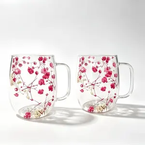 2-Pack Anti-Scald Transparent Glass Cups with Embedded Eternal Flower Design, Thick Anti-Slip Base, Wide Mouth, Heat & Cold Resistant Mugs for Home & Office, Ins Style Couple Gift Set with Birthday Gift Ideas