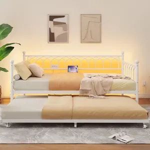 Metal Twin Daybed with Pop-Up Trundle – Heavy Duty Sofa Bed Frame with Charging Station & LED Lights – Space-Saving Convertible Twin to King – Bedroom, Living Room, Guest Room, Apartment
