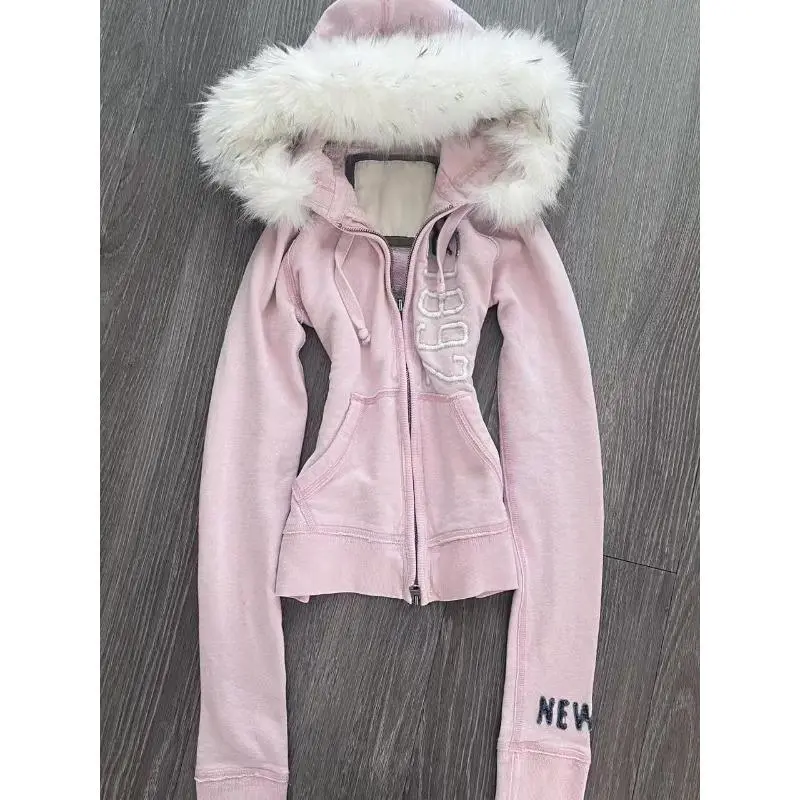 American Vintage Pink Furry Hoodie Women Harajuku Faux Fur Collar Jacket Fashion Slim Hottie Sweatshirt Fashion Retro Coats