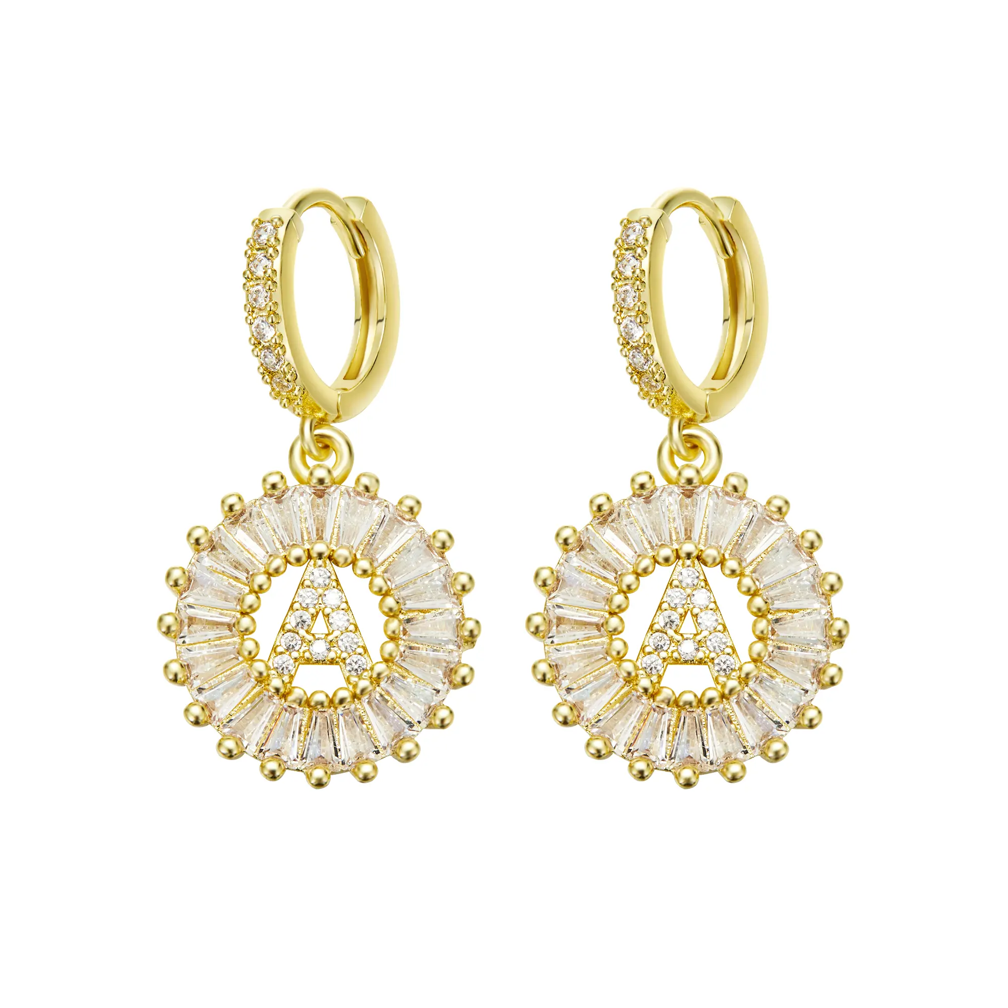 14K Gold Plated Cubic Zirconia Initial Hoop Earrings | A-Z Alphabet Sunburst Dangle Earrings, Personalized Jewelry for Women
