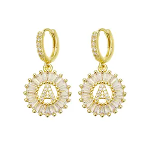 14K Gold Plated Cubic Zirconia Initial Hoop Earrings | A-Z Alphabet Sunburst Dangle Earrings, Personalized Jewelry for Women