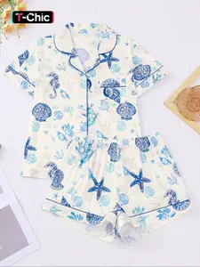 Women's All Over Sea Creature Print Short Sleeve Pajama Two-Piece Set,  Ladies Sleepwear for All Seasons