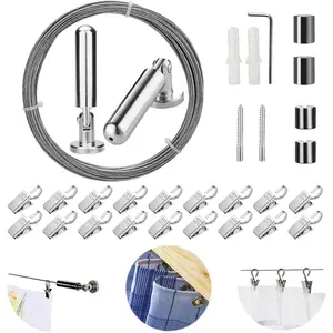 [5 Meters] Wall Mount Curtain Wire Rod Set with (20 Hanging Clips) - Pinowu Stainless Steel Picture Hanging Wire Clothesline Wire Multi-purpose Set Hang Photo Notes, Art