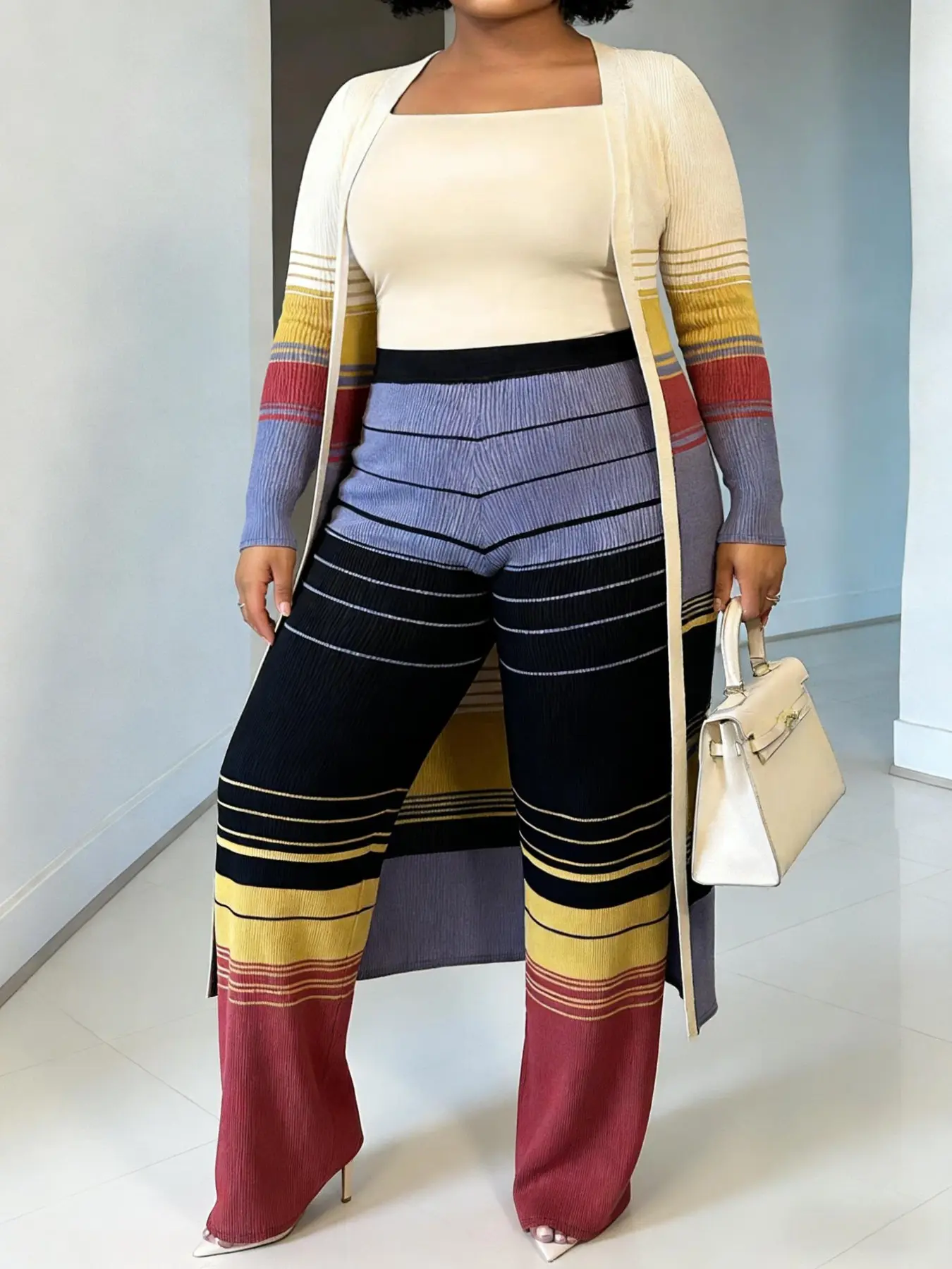 [Plus Size] Colorblock Striped Print Long Sleeve Outerwear & Pants Set, Casual Fashion Cozy Two Piece Set Outfit for Daily Outdoor Wear, Women Clothing for Spring & Fall, Casual Chic Set, Large Size Set