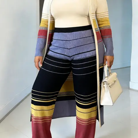 [Plus Size] Colorblock Striped Print Long Sleeve Outerwear & Pants Set, Casual Fashion Cozy Two Piece Set Outfit for Daily Outdoor Wear, Women Clothing for Spring & Fall, Casual Chic Set, Large Size Set, Fashion Style Sets
