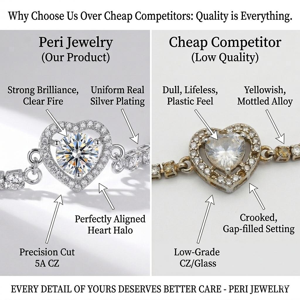 PERITIME Cuban Link Heart Bracelet – A sparkling, tarnish-resistant, silver-plated bracelet featuring an adjustable sliding clasp design; suitable for all seasons and perfect as a birthday or Mother's Day gift.